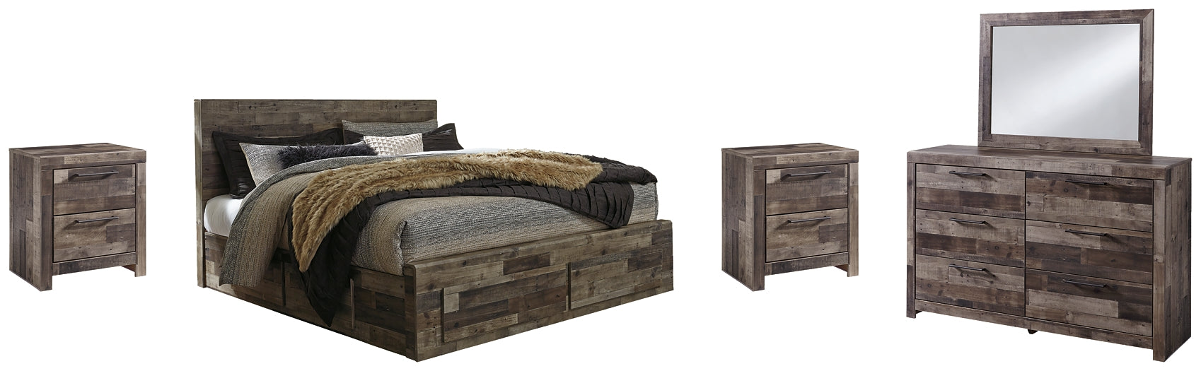 Derekson King Panel Bed with 4 Storage Drawers with Mirrored Dresser and 2 Nightstands Rent Wise Rent To Own Jacksonville, Florida