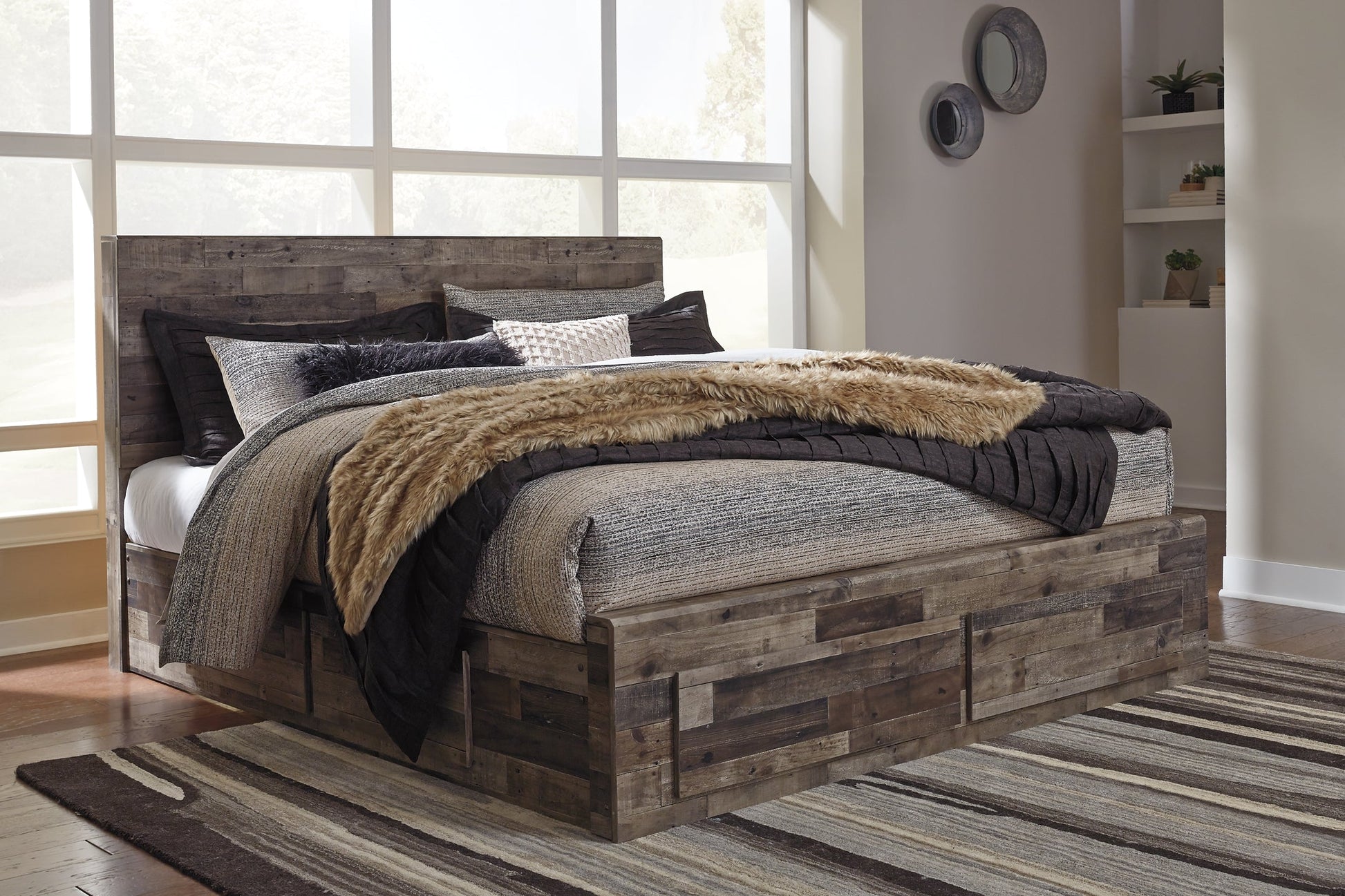 Derekson King Panel Bed with 6 Storage Drawers with Mirrored Dresser and Chest Rent Wise Rent To Own Jacksonville, Florida