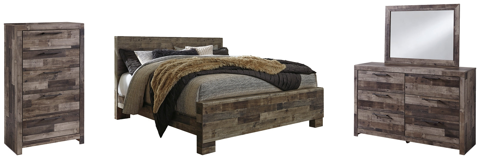 Derekson King Panel Bed with Mirrored Dresser and Chest Rent Wise Rent To Own Jacksonville, Florida