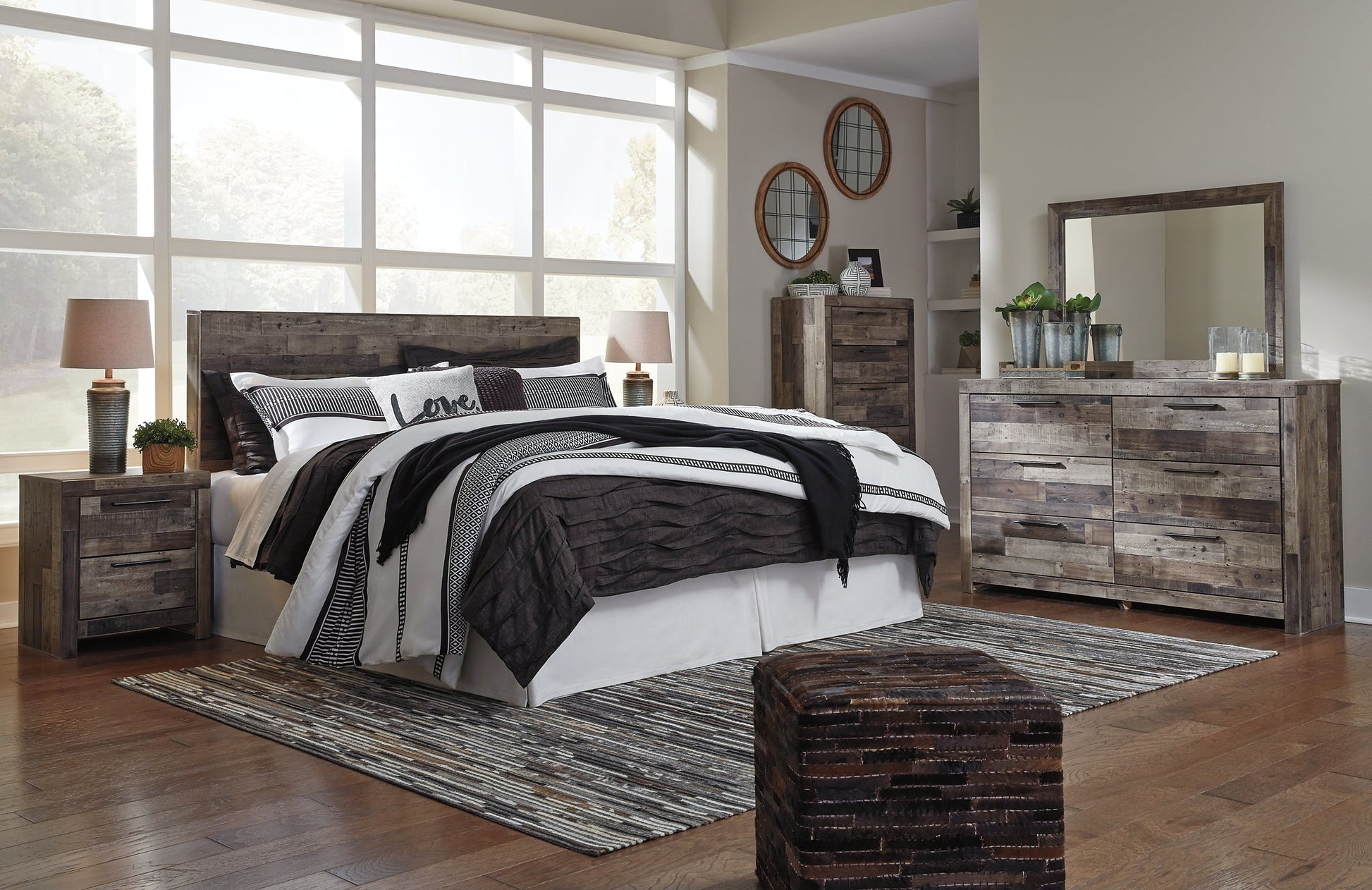 Derekson King Panel Headboard with Mirrored Dresser, Chest and Nightstand Rent Wise Rent To Own Jacksonville, Florida