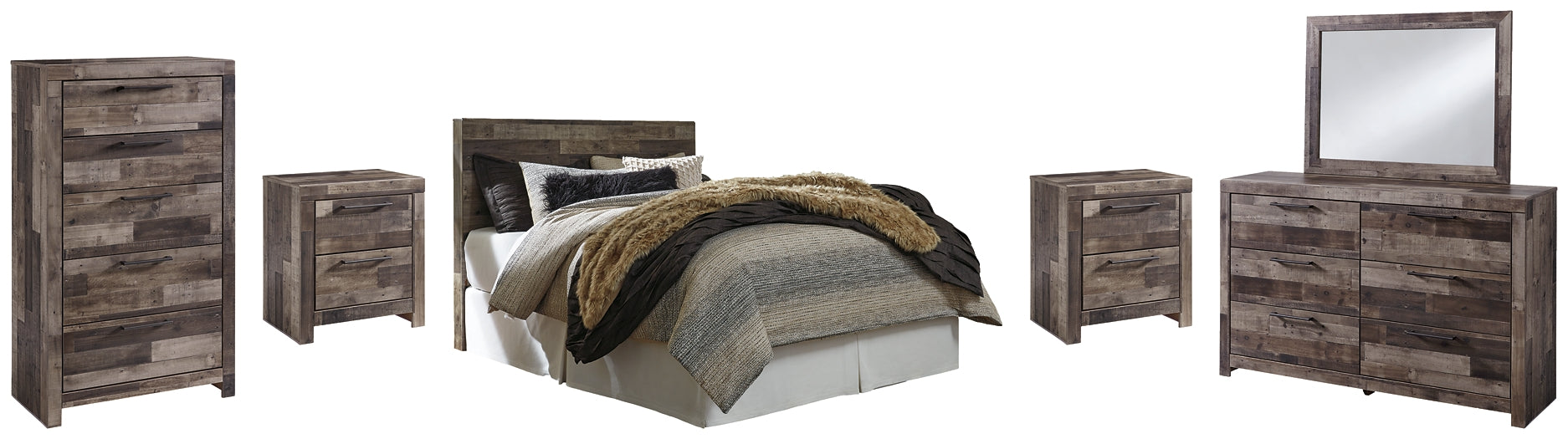 Derekson Queen/Full Panel Headboard with Mirrored Dresser, Chest and 2 Nightstands Rent Wise Rent To Own Jacksonville, Florida