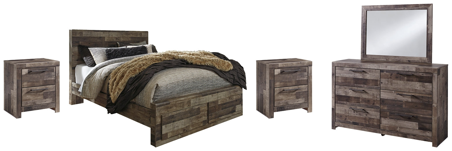 Derekson Queen Panel Bed with 2 Storage Drawers with Mirrored Dresser, Chest and Nightstand Rent Wise Rent To Own Jacksonville, Florida