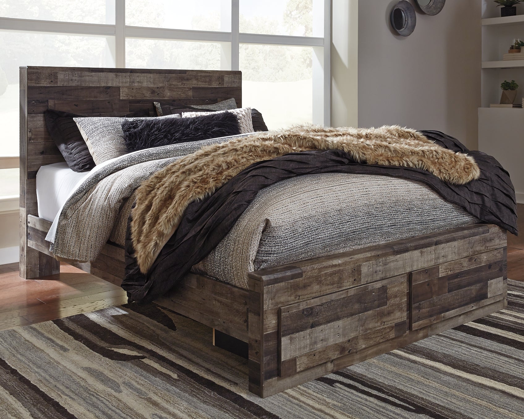 Derekson Queen Panel Bed with 2 Storage Drawers with Mirrored Dresser, Chest and Nightstand Rent Wise Rent To Own Jacksonville, Florida