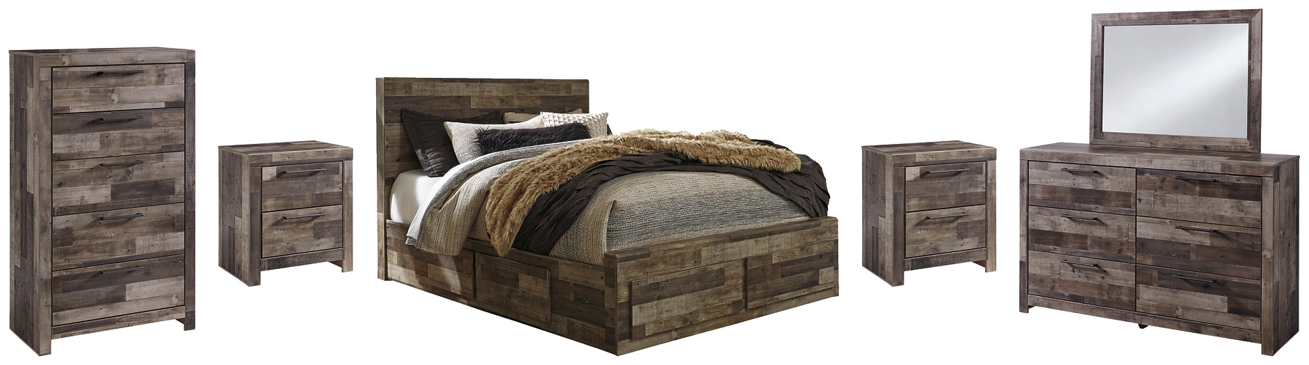 Derekson Queen Panel Bed with 4 Storage Drawers with Mirrored Dresser, Chest and 2 Nightstands Rent Wise Rent To Own Jacksonville, Florida