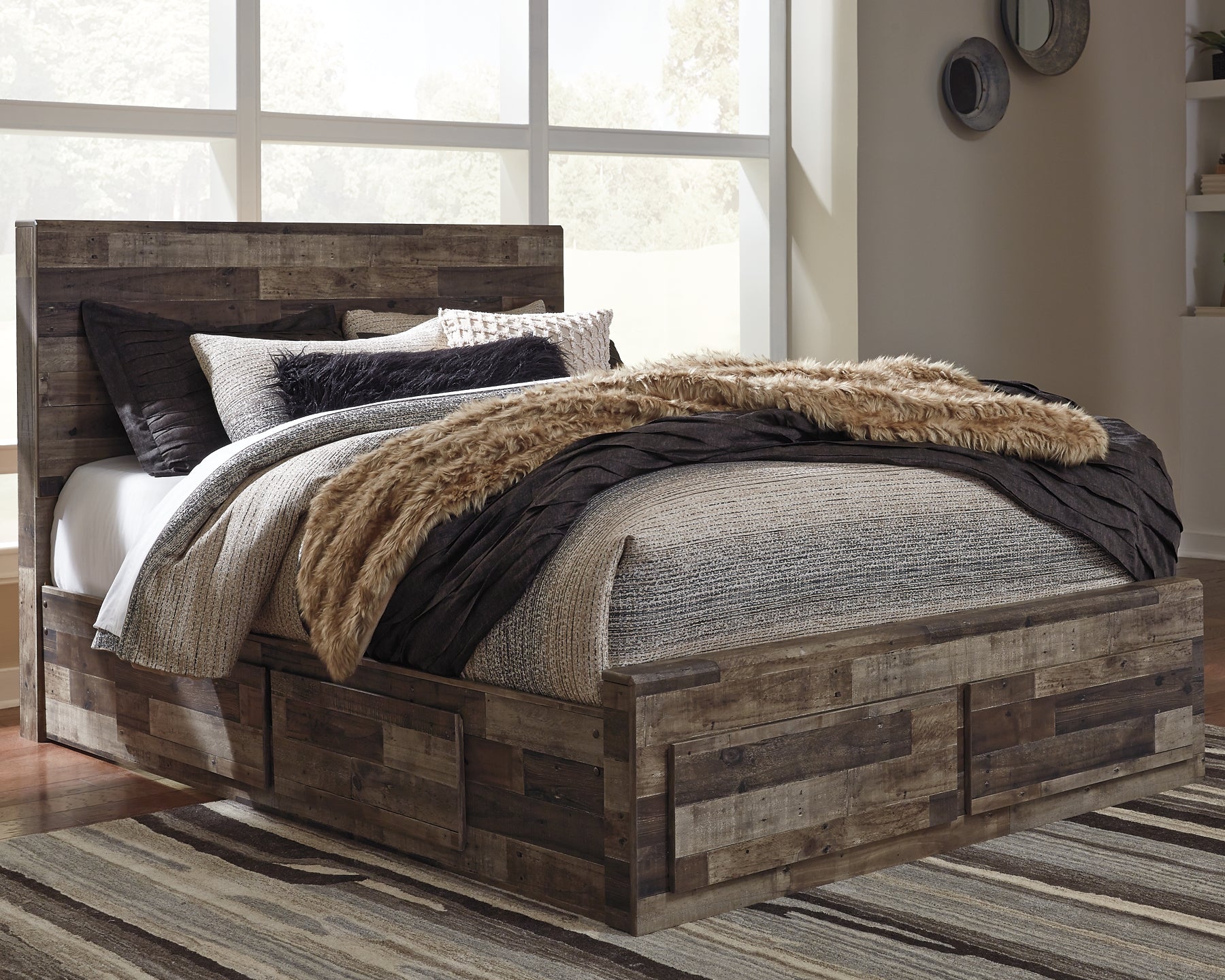 Derekson Queen Panel Bed with 4 Storage Drawers with Mirrored Dresser, Chest and 2 Nightstands Rent Wise Rent To Own Jacksonville, Florida