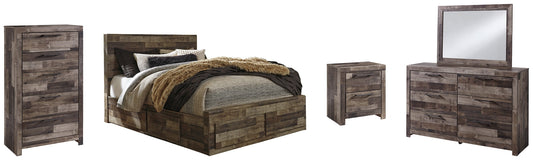 Derekson Queen Panel Bed with 4 Storage Drawers with Mirrored Dresser, Chest and Nightstand Rent Wise Rent To Own Jacksonville, Florida