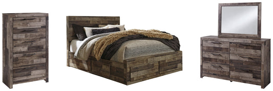 Derekson Queen Panel Bed with 4 Storage Drawers with Mirrored Dresser and Chest Rent Wise Rent To Own Jacksonville, Florida