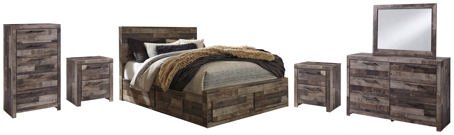 Derekson Queen Panel Bed with 6 Storage Drawers with Mirrored Dresser, Chest and 2 Nightstands Rent Wise Rent To Own Jacksonville, Florida