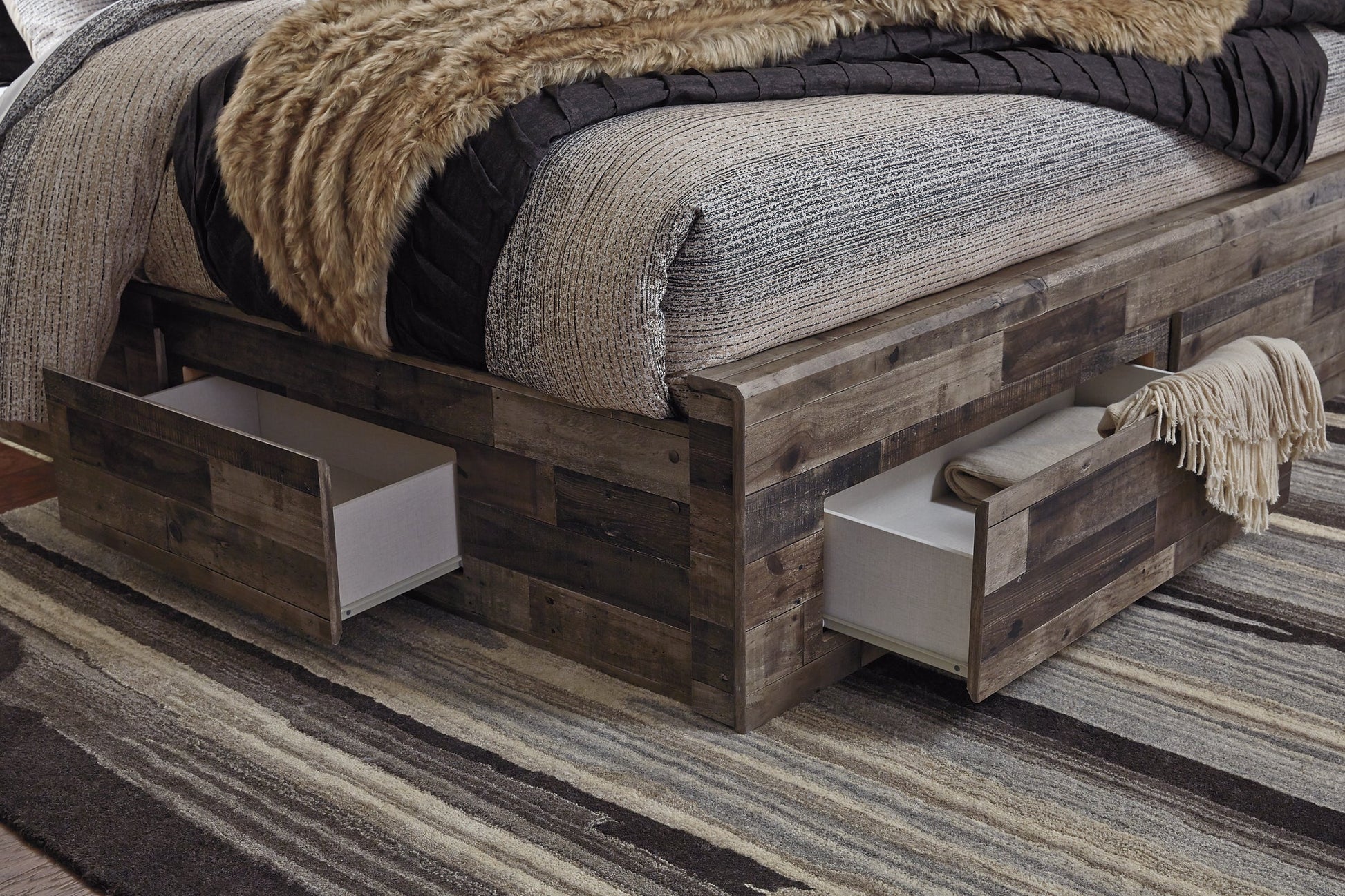 Derekson Queen Panel Bed with 6 Storage Drawers with Mirrored Dresser Rent Wise Rent To Own Jacksonville, Florida