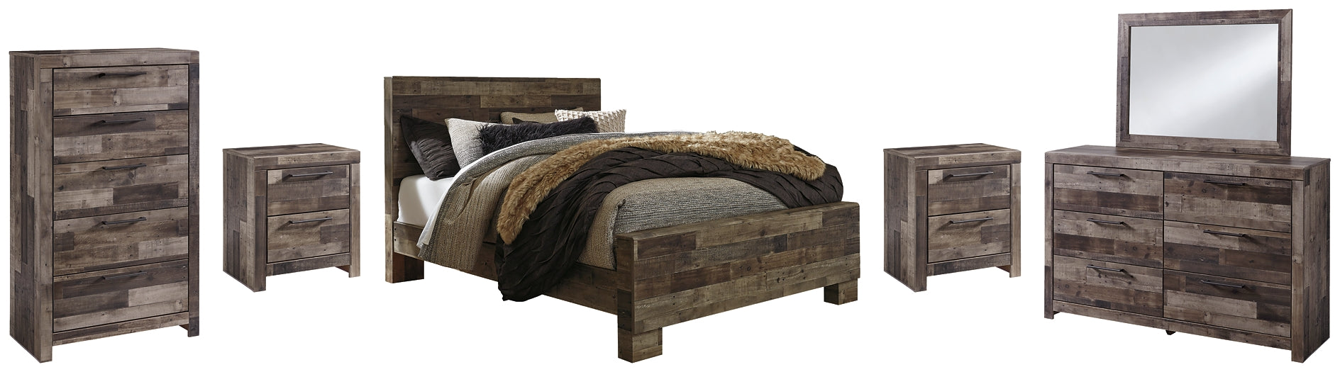 Derekson Queen Panel Bed with Mirrored Dresser, Chest and 2 Nightstands Rent Wise Rent To Own Jacksonville, Florida