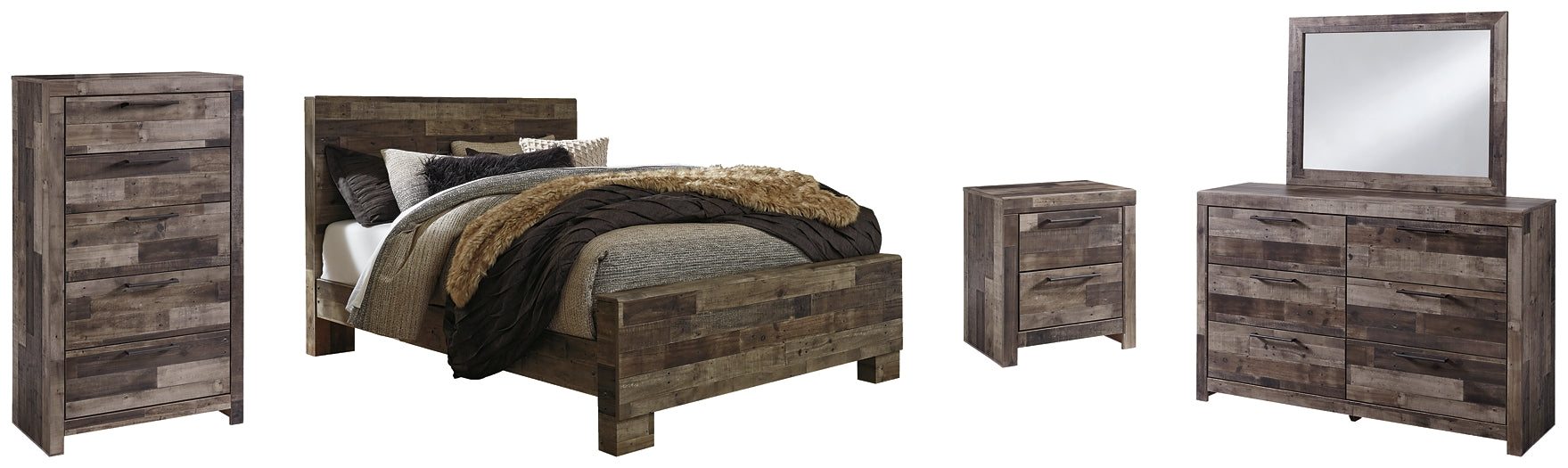 Derekson Queen Panel Bed with Mirrored Dresser, Chest and Nightstand Rent Wise Rent To Own Jacksonville, Florida