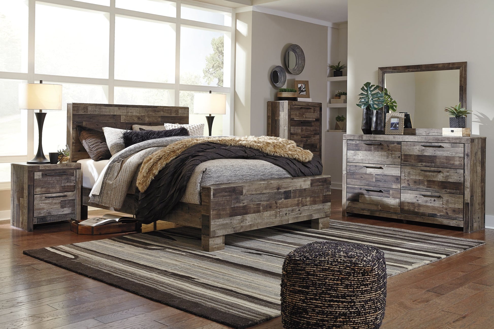 Derekson Queen Panel Bed with Mirrored Dresser, Chest and Nightstand Rent Wise Rent To Own Jacksonville, Florida