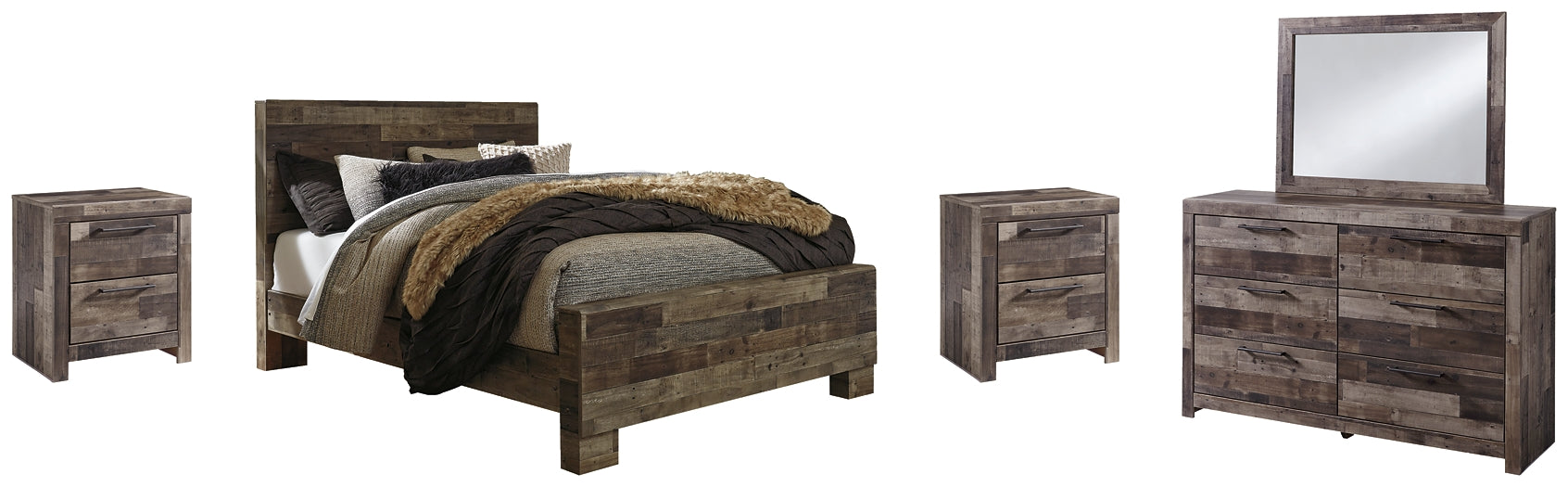 Derekson Queen Panel Bed with Mirrored Dresser and 2 Nightstands Rent Wise Rent To Own Jacksonville, Florida