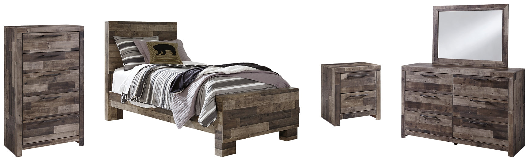 Derekson Twin Panel Bed with Mirrored Dresser, Chest and Nightstand Rent Wise Rent To Own Jacksonville, Florida