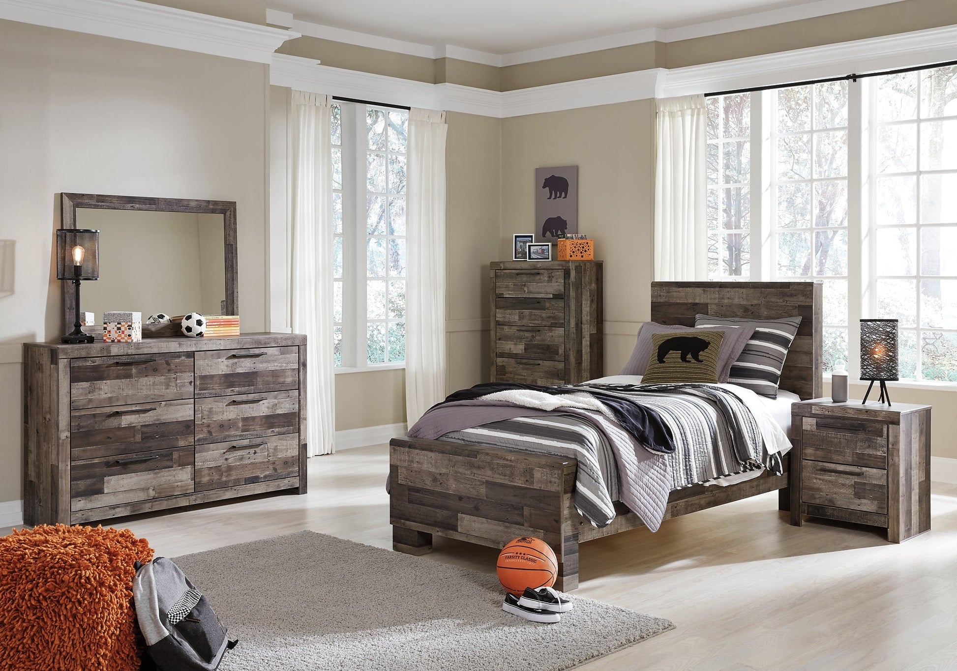 Derekson Twin Panel Bed with Mirrored Dresser, Chest and Nightstand Rent Wise Rent To Own Jacksonville, Florida