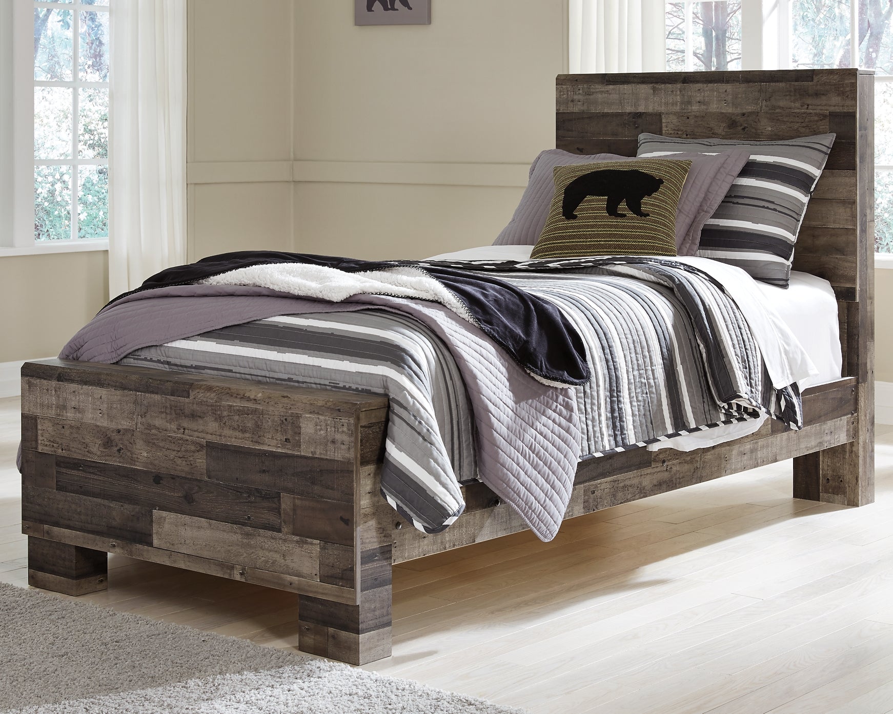 Derekson Twin Panel Bed with Mirrored Dresser and 2 Nightstands Rent Wise Rent To Own Jacksonville, Florida
