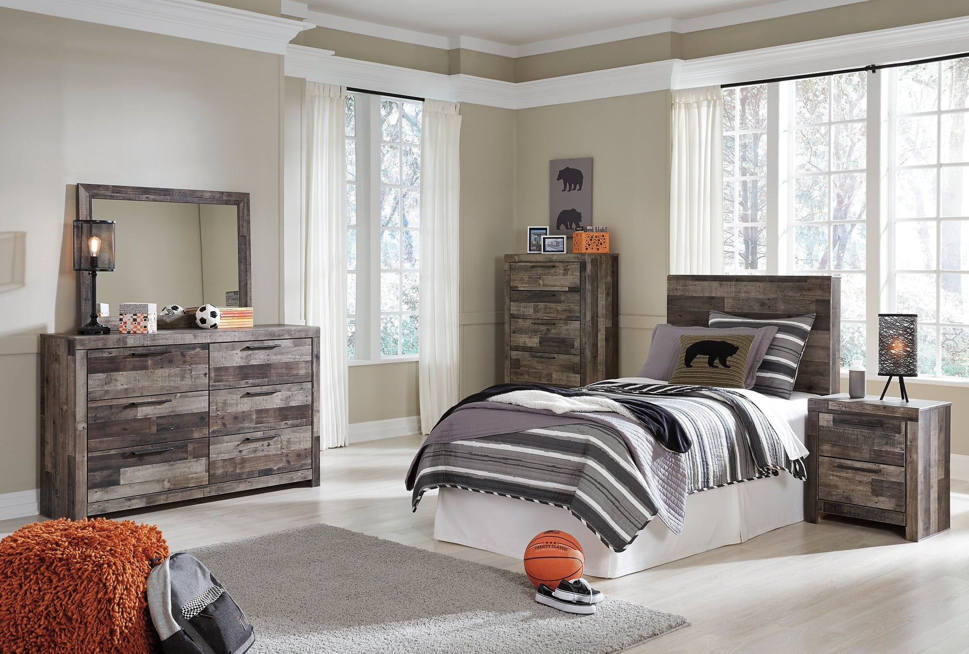 Derekson Twin Panel Headboard with Mirrored Dresser, Chest and Nightstand Rent Wise Rent To Own Jacksonville, Florida