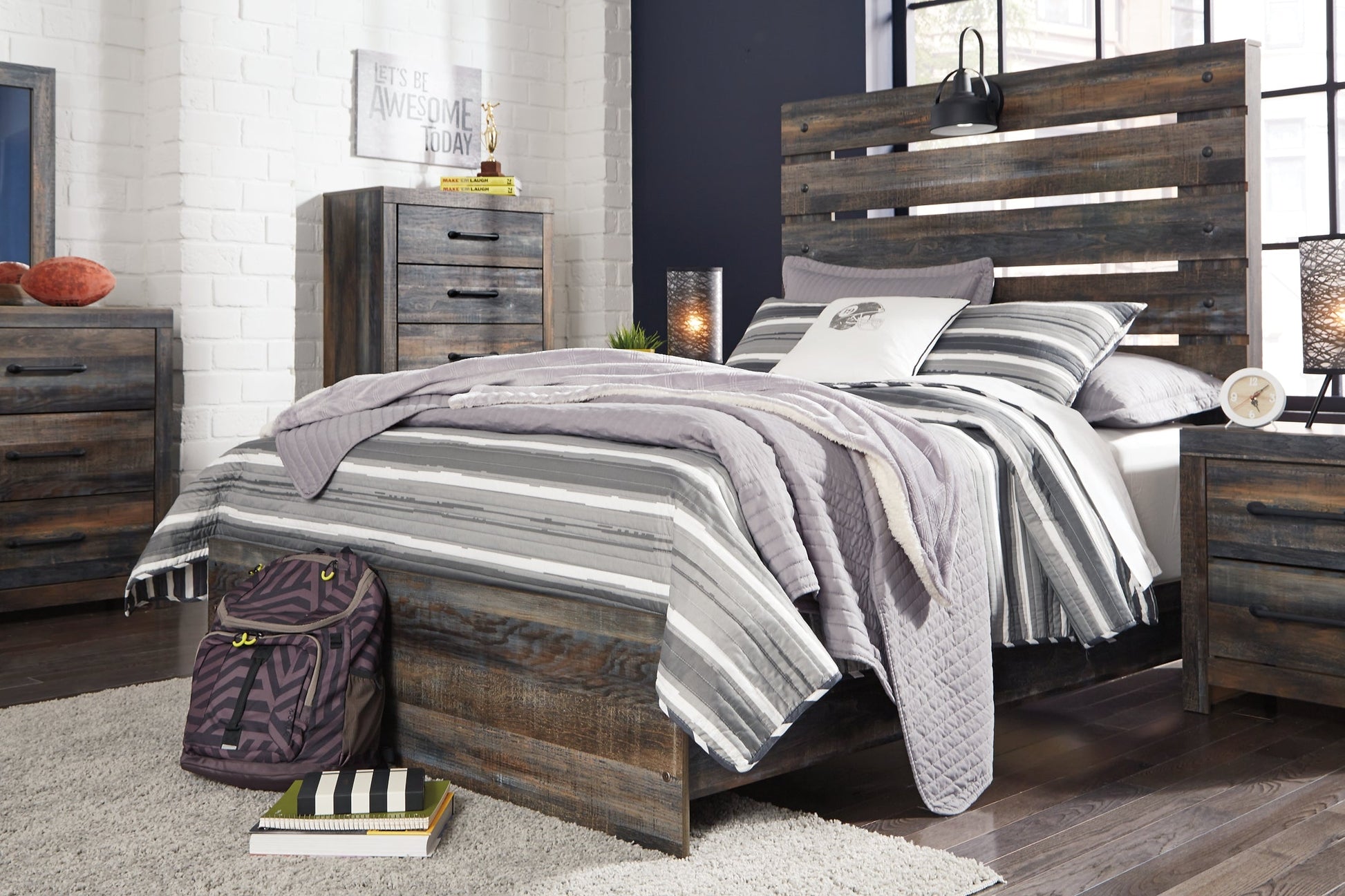 Drystan Full Panel Bed with 4 Storage Drawers with Mirrored Dresser and 2 Nightstands Rent Wise Rent To Own Jacksonville, Florida