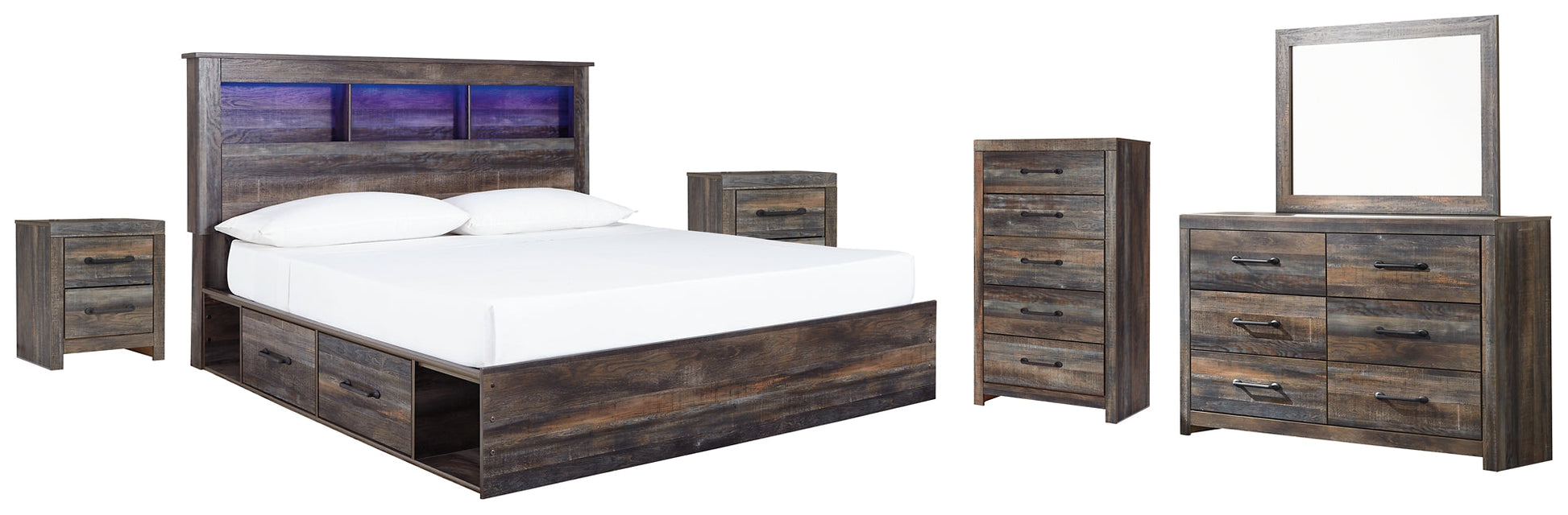 Drystan King Bookcase Bed with 2 Storage Drawers with Mirrored Dresser, Chest and 2 Nightstands Rent Wise Rent To Own Jacksonville, Florida
