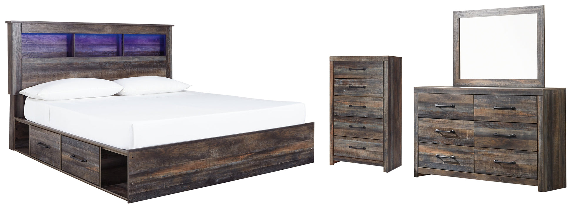 Drystan King Bookcase Bed with 2 Storage Drawers with Mirrored Dresser and Chest Rent Wise Rent To Own Jacksonville, Florida