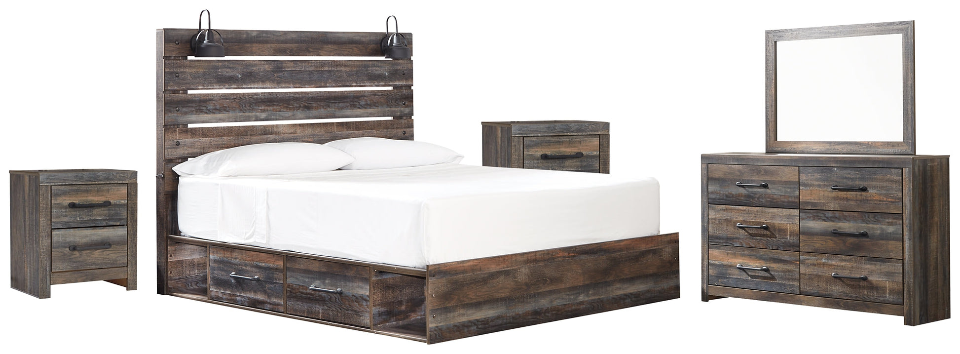 Drystan King Panel Bed with 4 Storage Drawers with Mirrored Dresser and 2 Nightstands Rent Wise Rent To Own Jacksonville, Florida