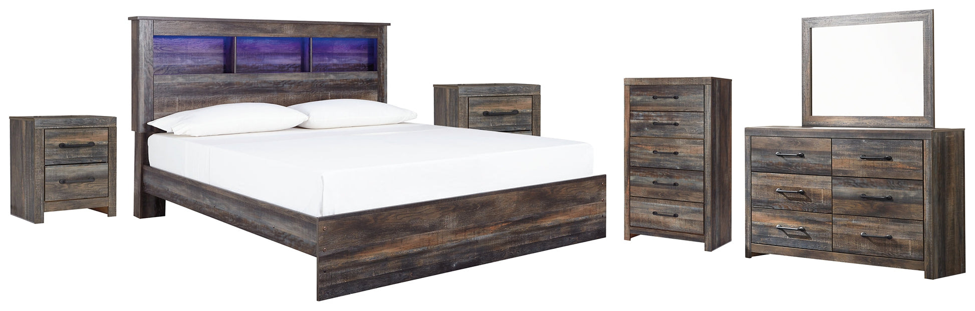 Drystan King Panel Bookcase Bed with Mirrored Dresser, Chest and 2 Nightstands Rent Wise Rent To Own Jacksonville, Florida