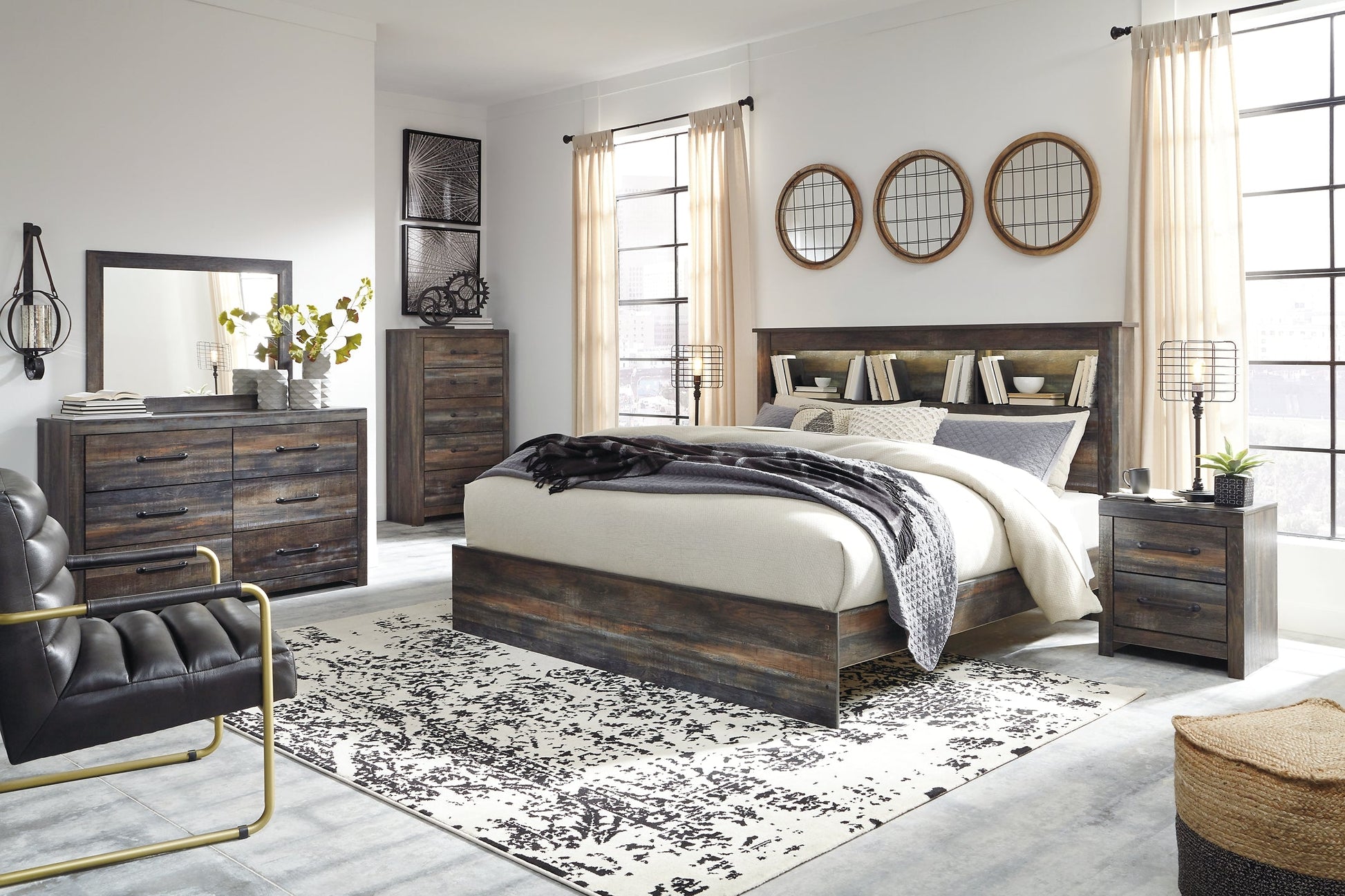 Drystan King Panel Bookcase Bed with Mirrored Dresser, Chest and 2 Nightstands Rent Wise Rent To Own Jacksonville, Florida