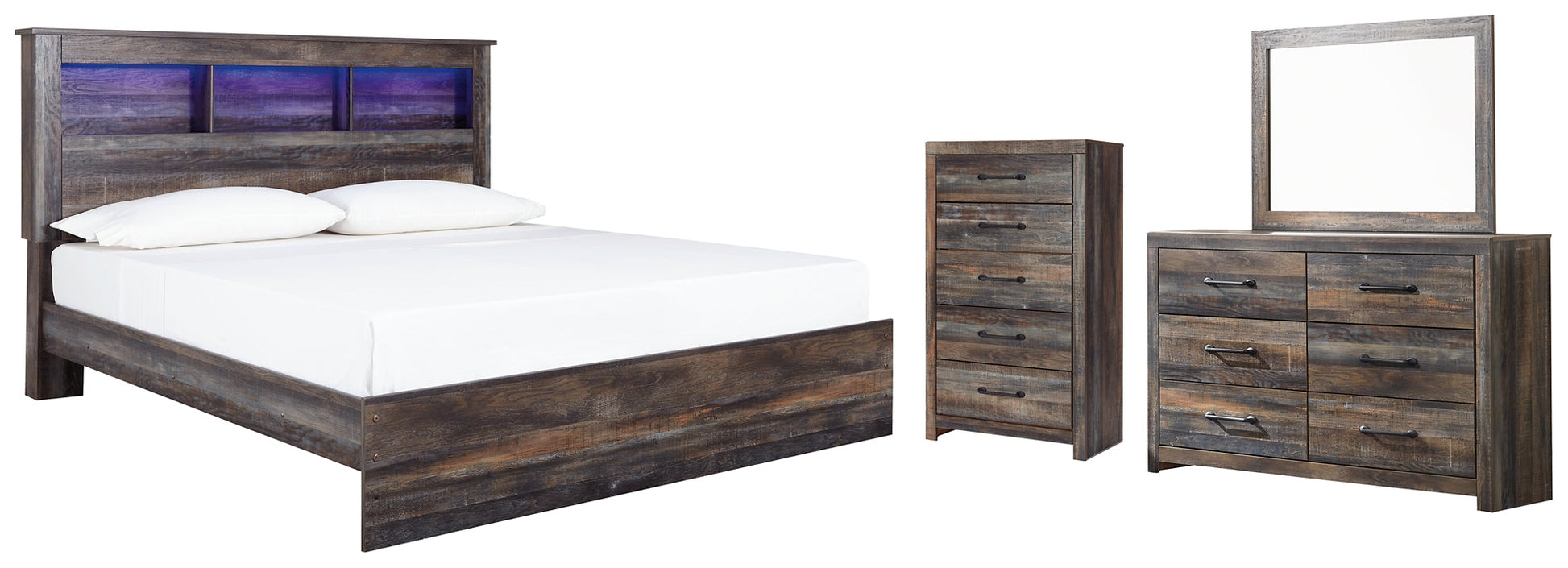 Drystan King Panel Bookcase Bed with Mirrored Dresser and Chest Rent Wise Rent To Own Jacksonville, Florida