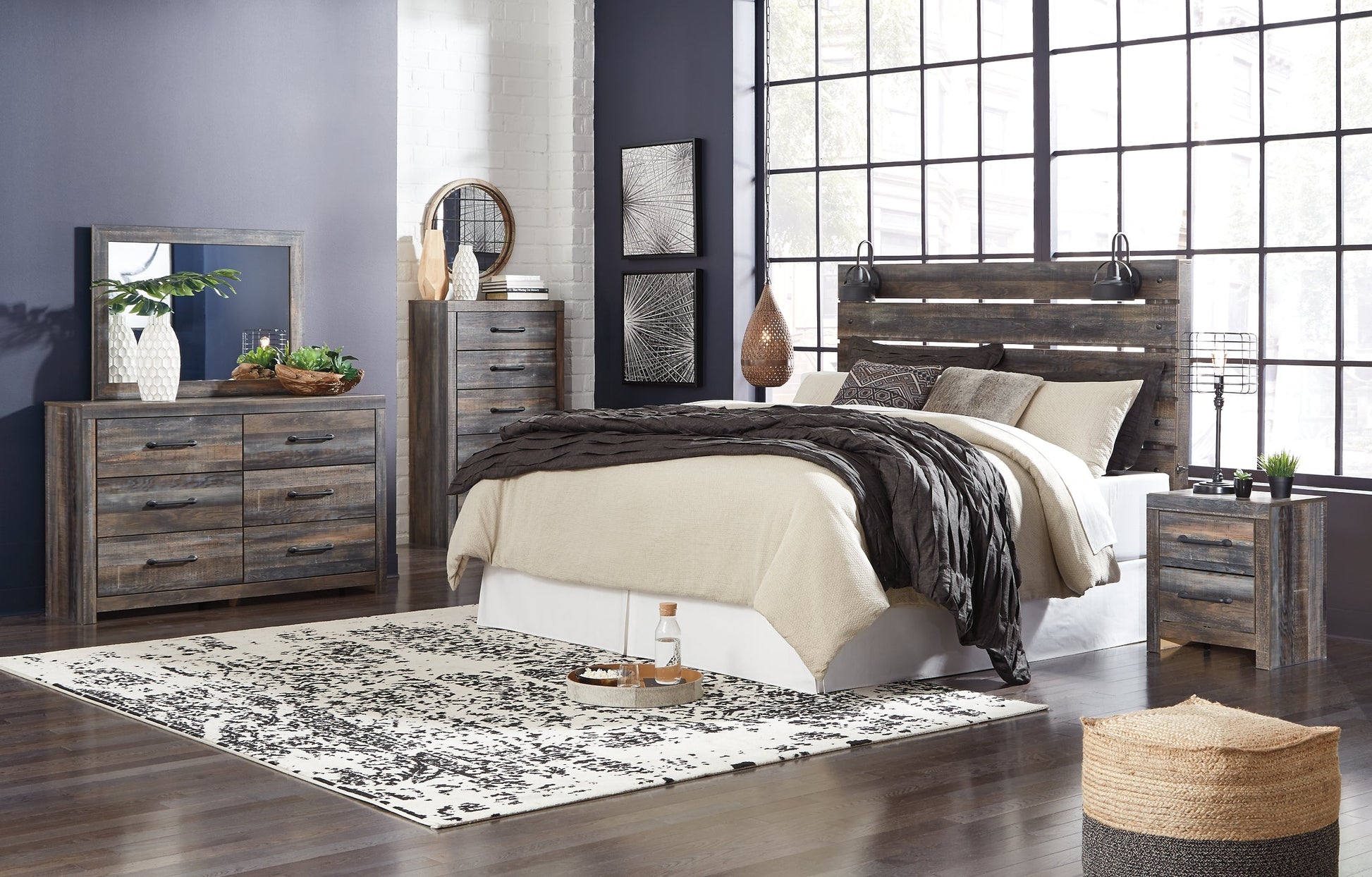Drystan King Panel Headboard with Mirrored Dresser, Chest and Nightstand Rent Wise Rent To Own Jacksonville, Florida