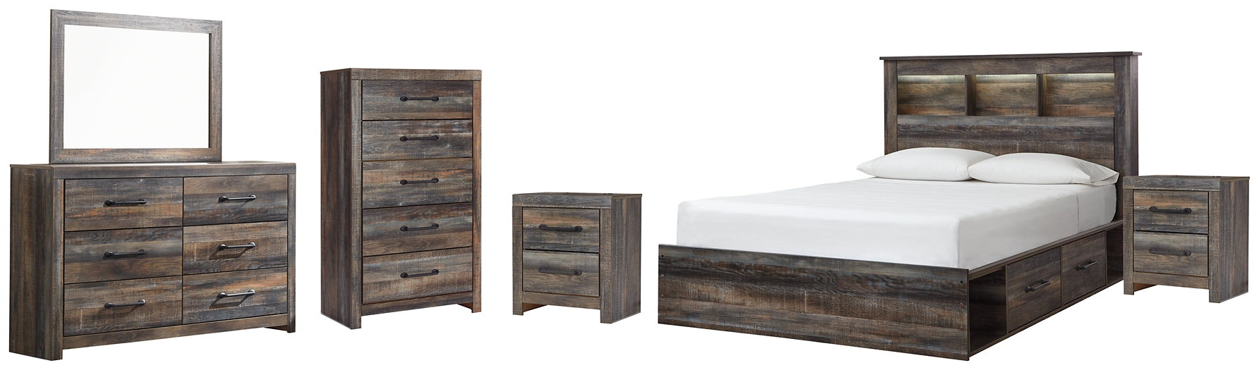 Drystan Queen Bookcase Bed with 4 Storage Drawers with Mirrored Dresser, Chest and 2 Nightstands Rent Wise Rent To Own Jacksonville, Florida