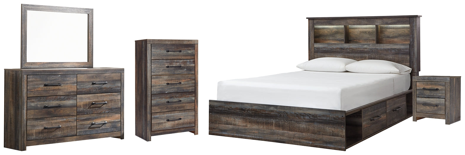 Drystan Queen Bookcase Bed with 4 Storage Drawers with Mirrored Dresser, Chest and Nightstand Rent Wise Rent To Own Jacksonville, Florida