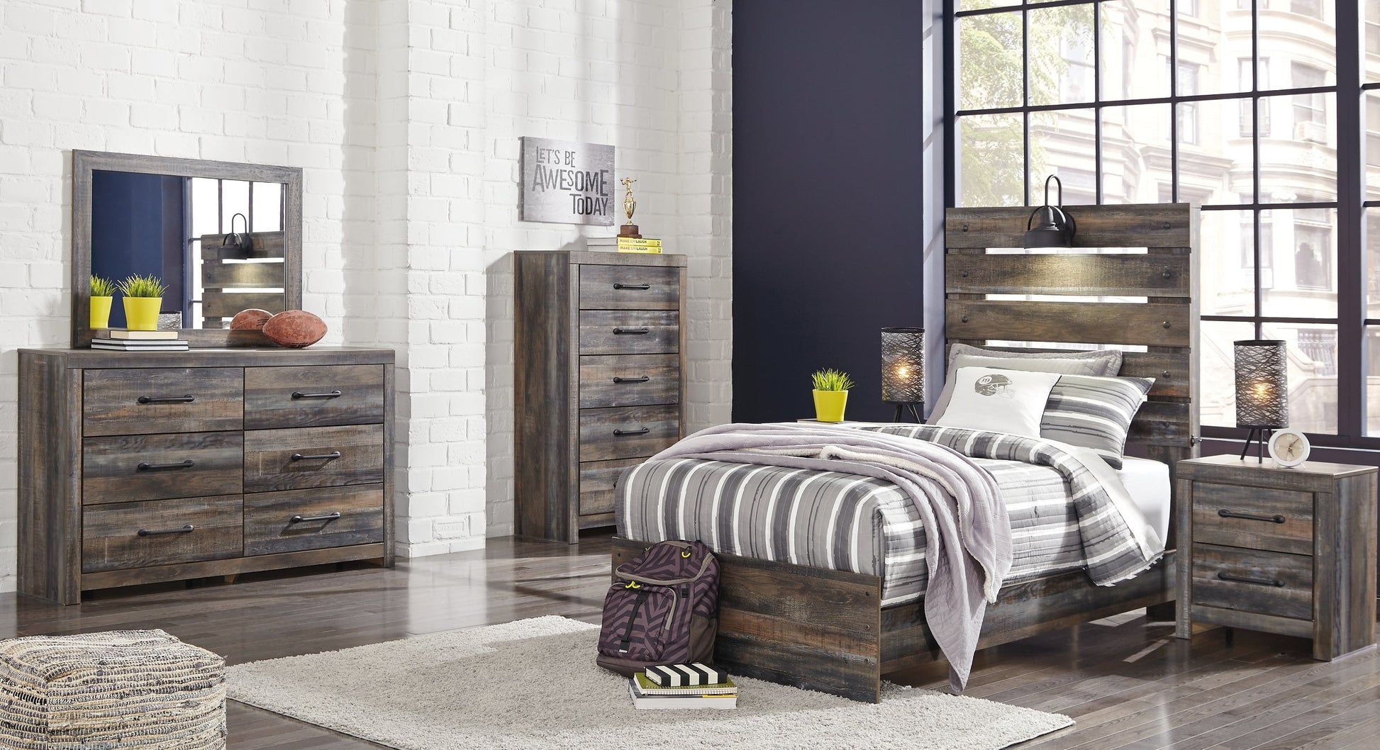 Drystan Twin Panel Bed with Mirrored Dresser, Chest and 2 Nightstands Rent Wise Rent To Own Jacksonville, Florida