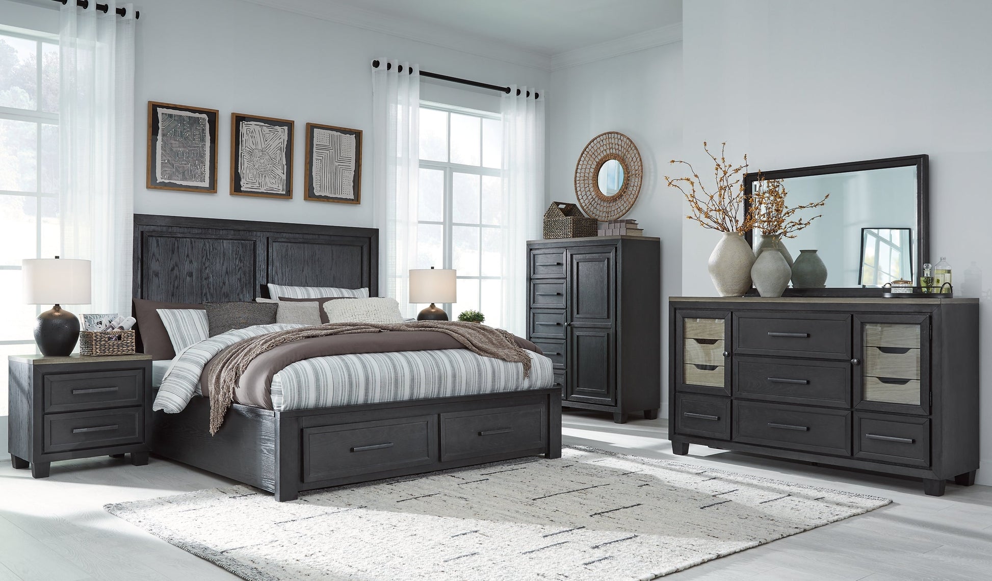 Foyland California King Panel Storage Bed with Mirrored Dresser, Chest and 2 Nightstands Rent Wise Rent To Own Jacksonville, Florida