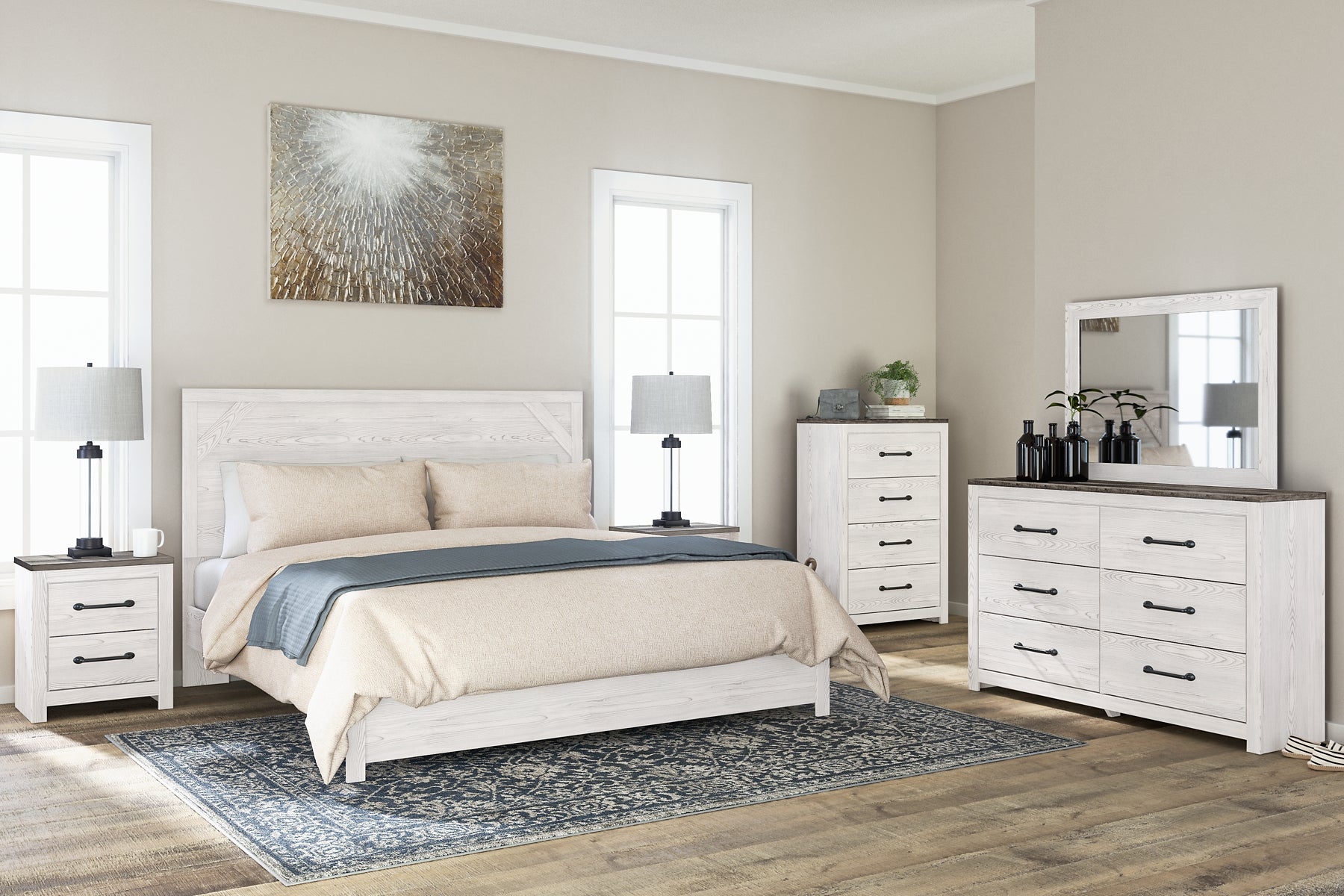 Gerridan King Panel Bed with Mirrored Dresser, Chest and 2 Nightstands Rent Wise Rent To Own Jacksonville, Florida