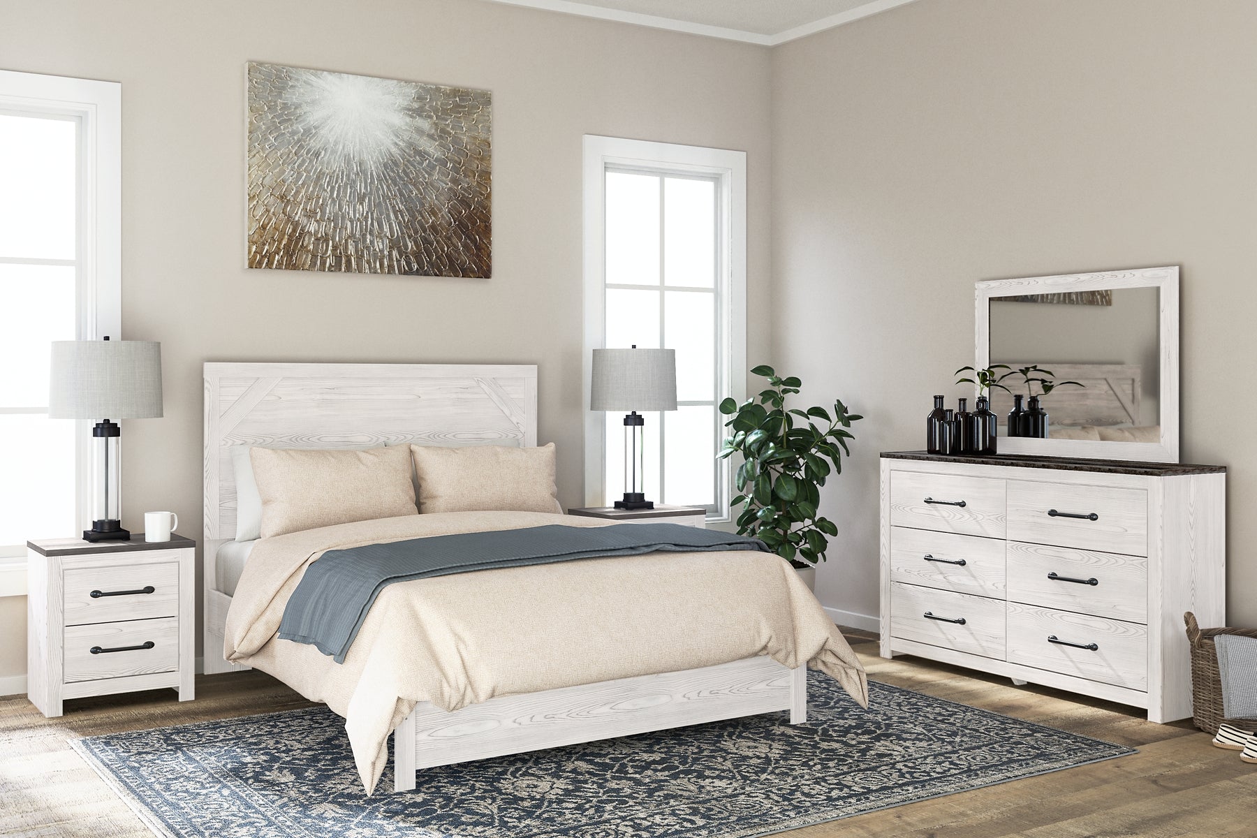 Gerridan Queen Panel Bed with Mirrored Dresser and 2 Nightstands Rent Wise Rent To Own Jacksonville, Florida