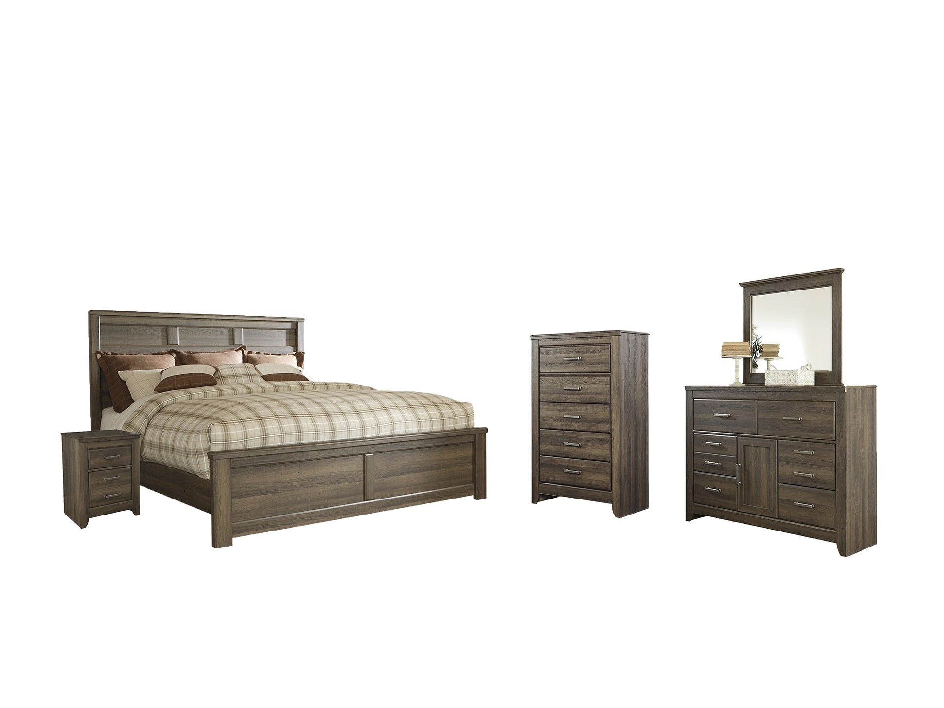 Juararo California King Panel Bed with Mirrored Dresser, Chest and Nightstand Rent Wise Rent To Own Jacksonville, Florida