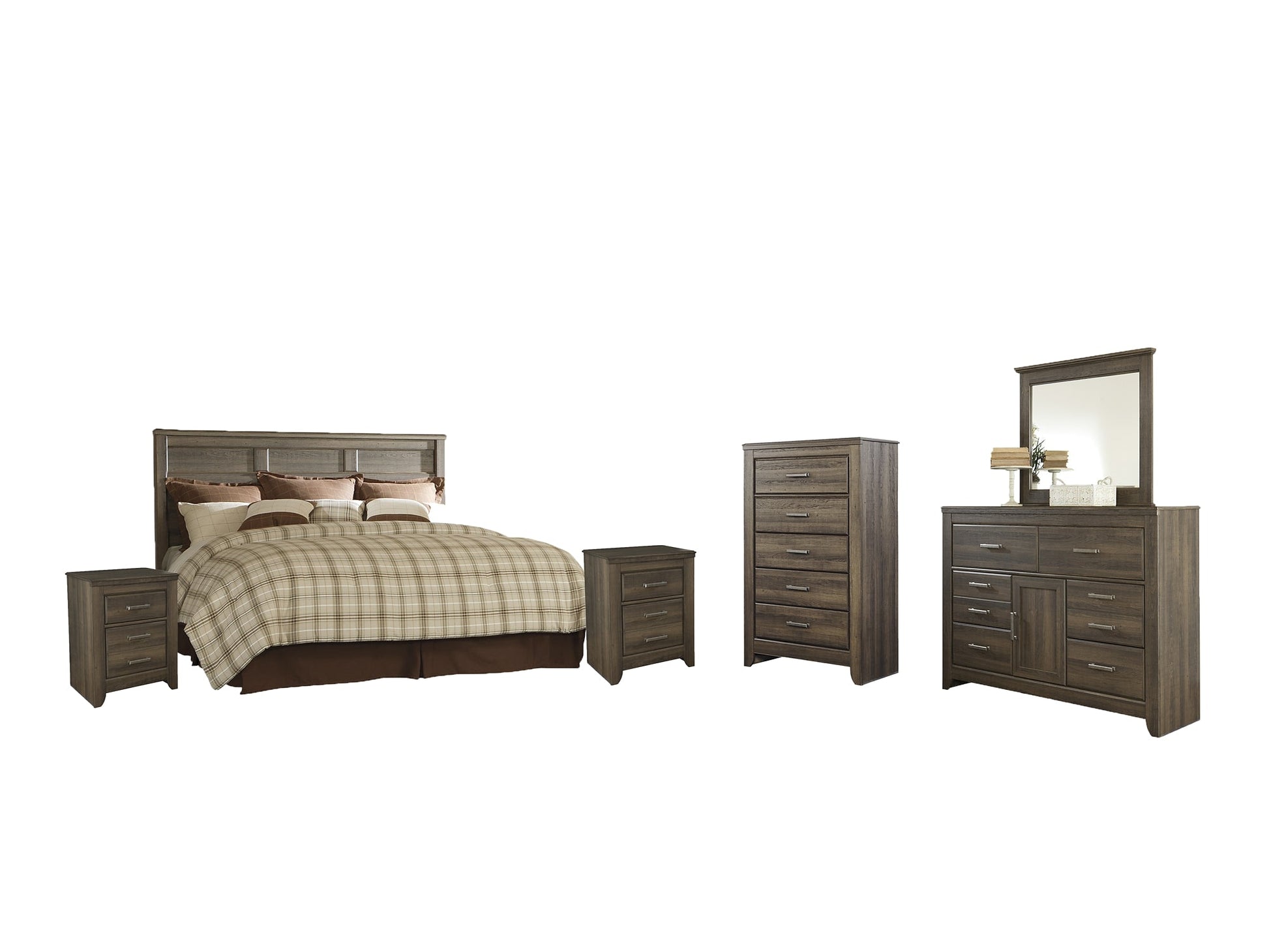 Juararo King/California King Panel Headboard with Mirrored Dresser, Chest and 2 Nightstands Rent Wise Rent To Own Jacksonville, Florida