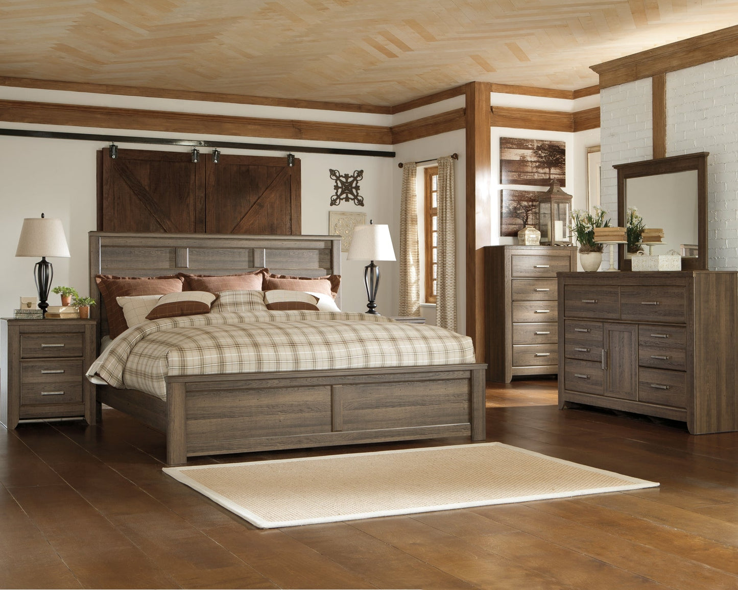 Juararo King Panel Bed with Mirrored Dresser, Chest and Nightstand Rent Wise Rent To Own Jacksonville, Florida