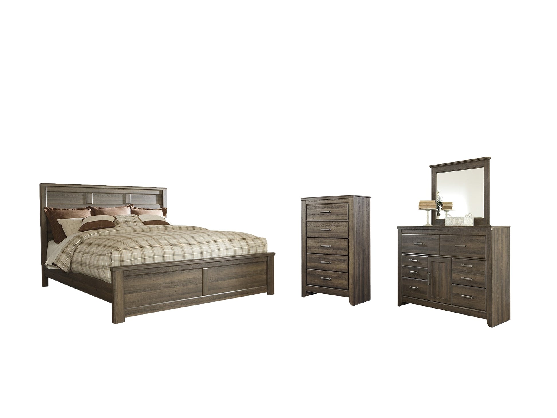 Juararo King Panel Bed with Mirrored Dresser and Chest Rent Wise Rent To Own Jacksonville, Florida