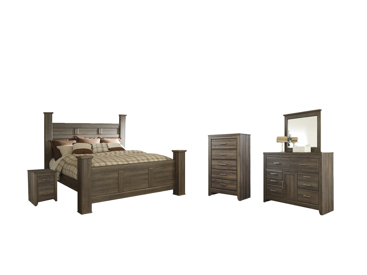 Juararo King Poster Bed with Mirrored Dresser, Chest and Nightstand Rent Wise Rent To Own Jacksonville, Florida
