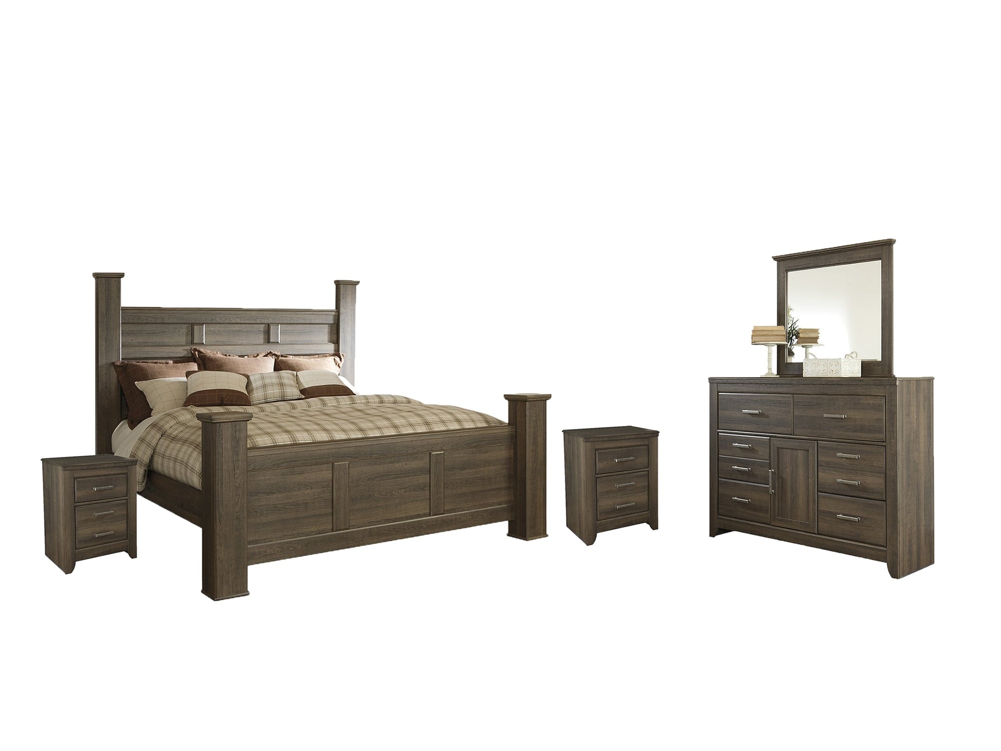 Juararo King Poster Bed with Mirrored Dresser and 2 Nightstands Rent Wise Rent To Own Jacksonville, Florida