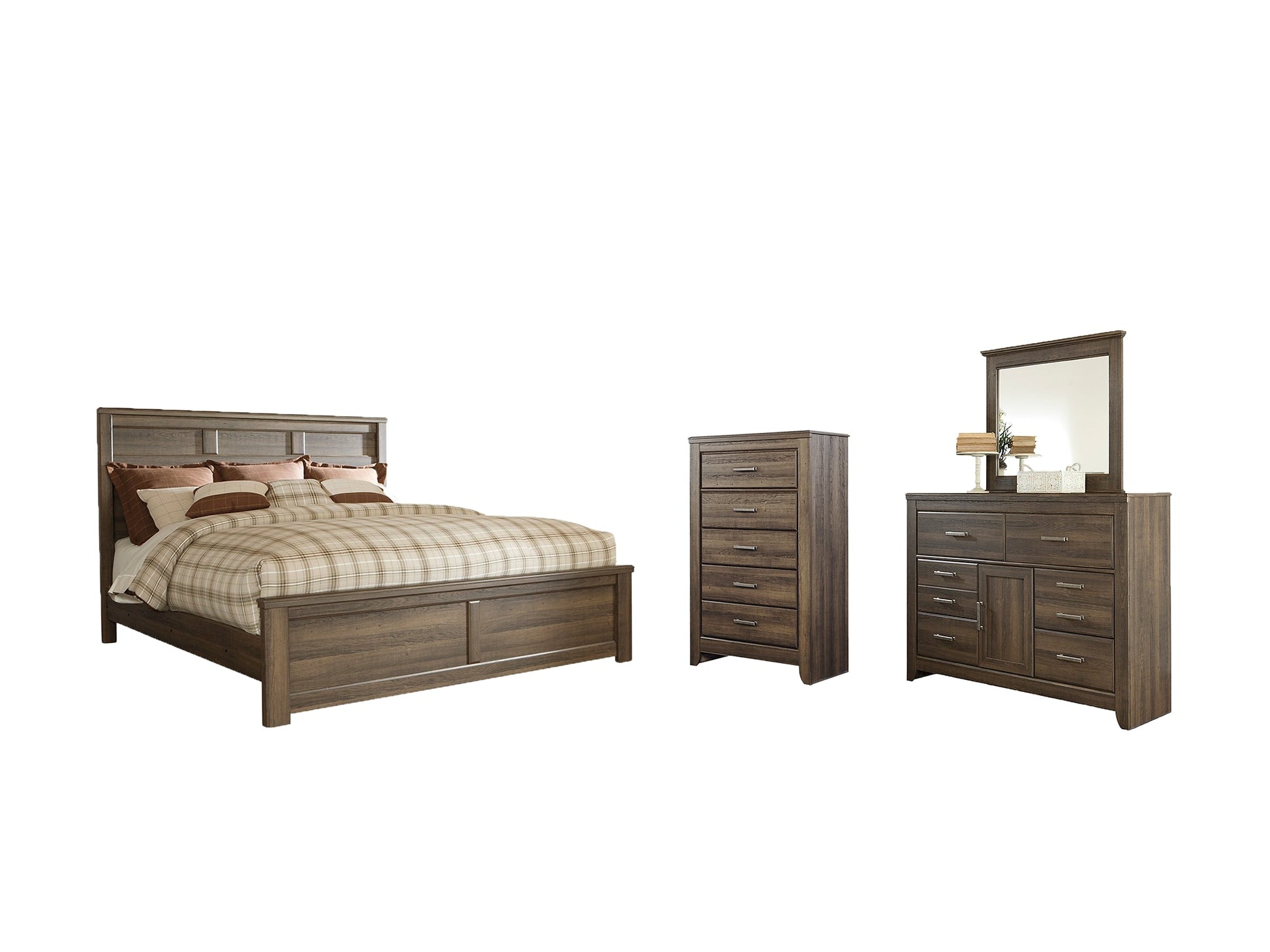 Juararo Queen Panel Bed with Mirrored Dresser and Chest Rent Wise Rent To Own Jacksonville, Florida