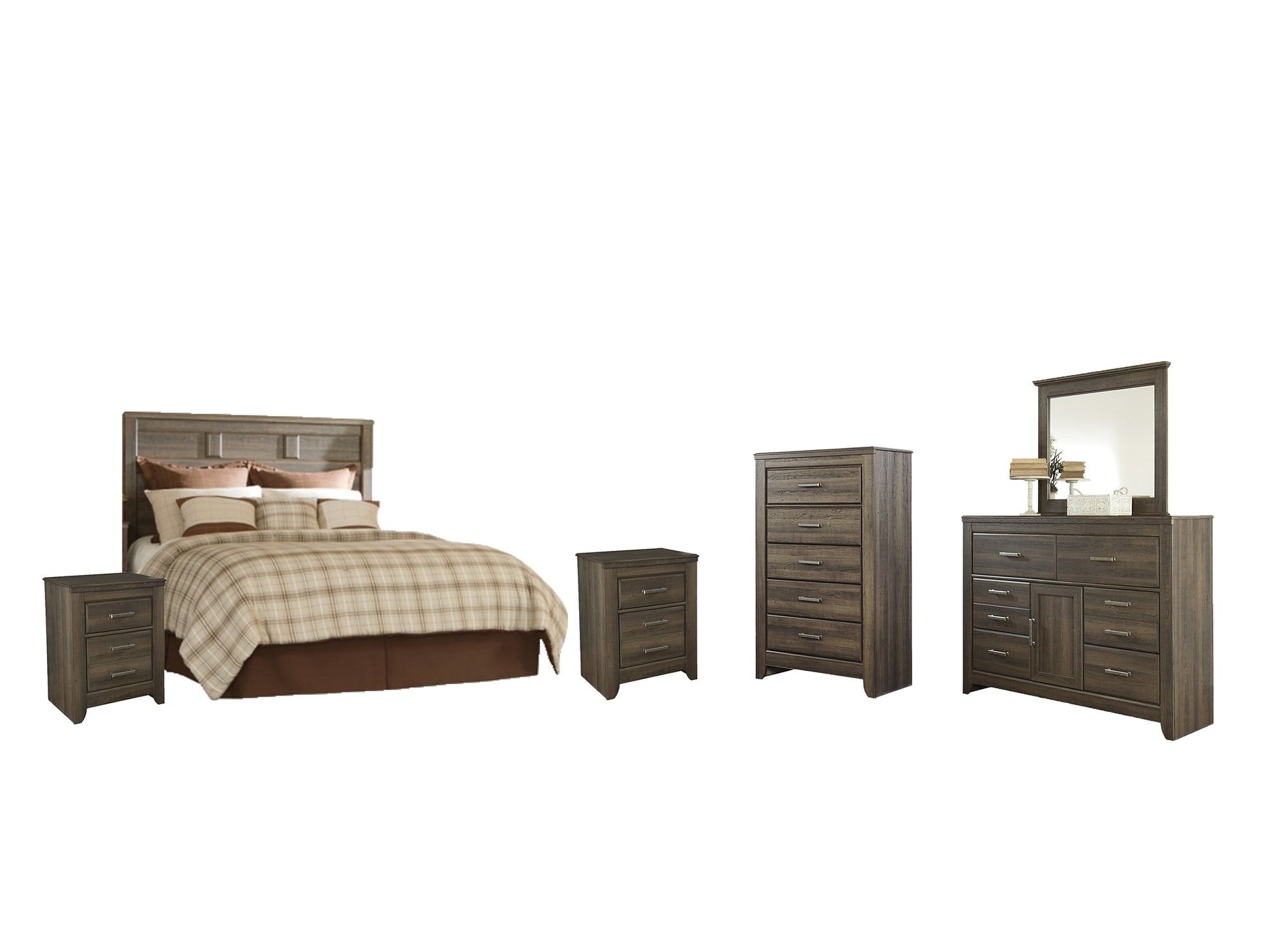 Juararo Queen Panel Headboard with Mirrored Dresser, Chest and 2 Nightstands Rent Wise Rent To Own Jacksonville, Florida