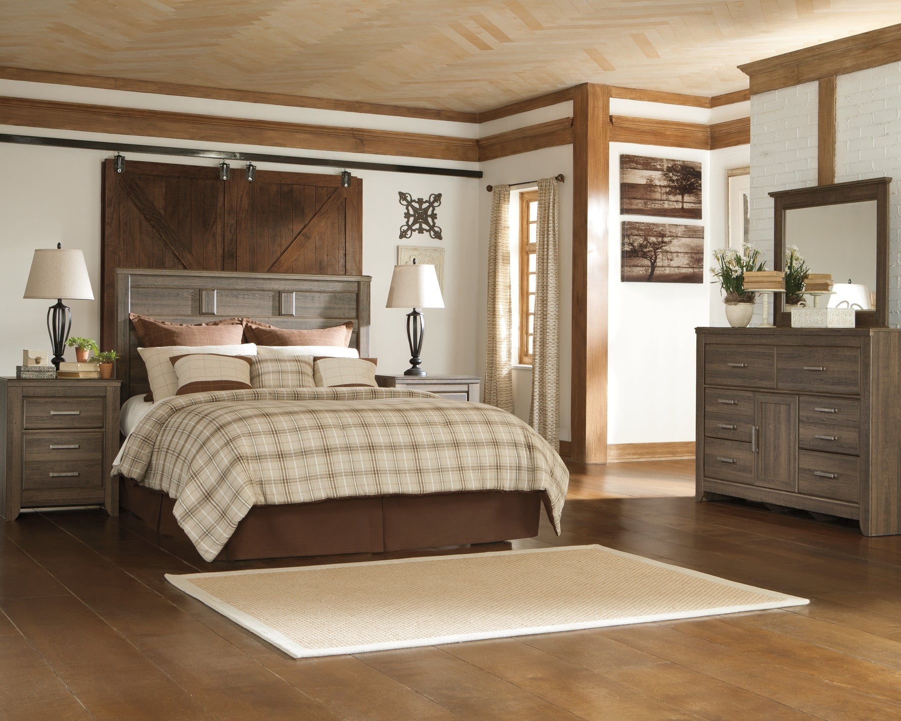 Juararo Queen Panel Headboard with Mirrored Dresser and 2 Nightstands Rent Wise Rent To Own Jacksonville, Florida