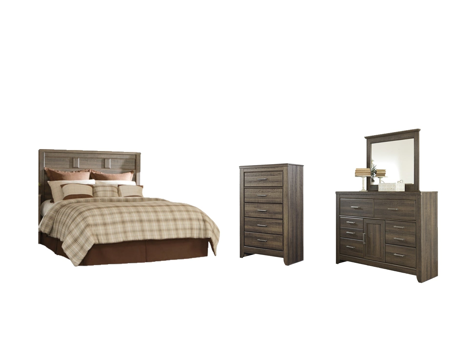 Juararo Queen Panel Headboard with Mirrored Dresser and Chest Rent Wise Rent To Own Jacksonville, Florida