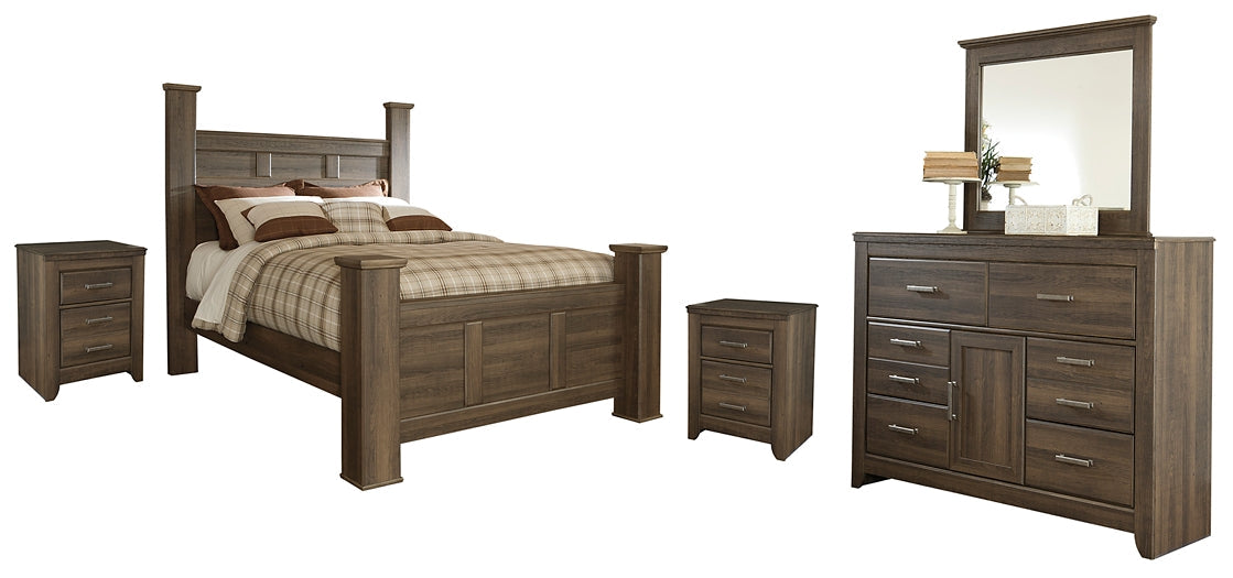 Juararo Queen Poster Bed with Mirrored Dresser and 2 Nightstands Rent Wise Rent To Own Jacksonville, Florida