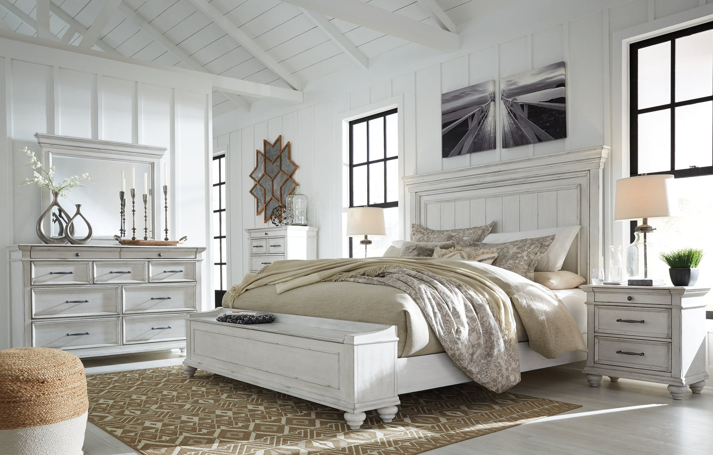 Kanwyn King Panel Bed with Storage with Mirrored Dresser, Chest and 2 Nightstands Rent Wise Rent To Own Jacksonville, Florida