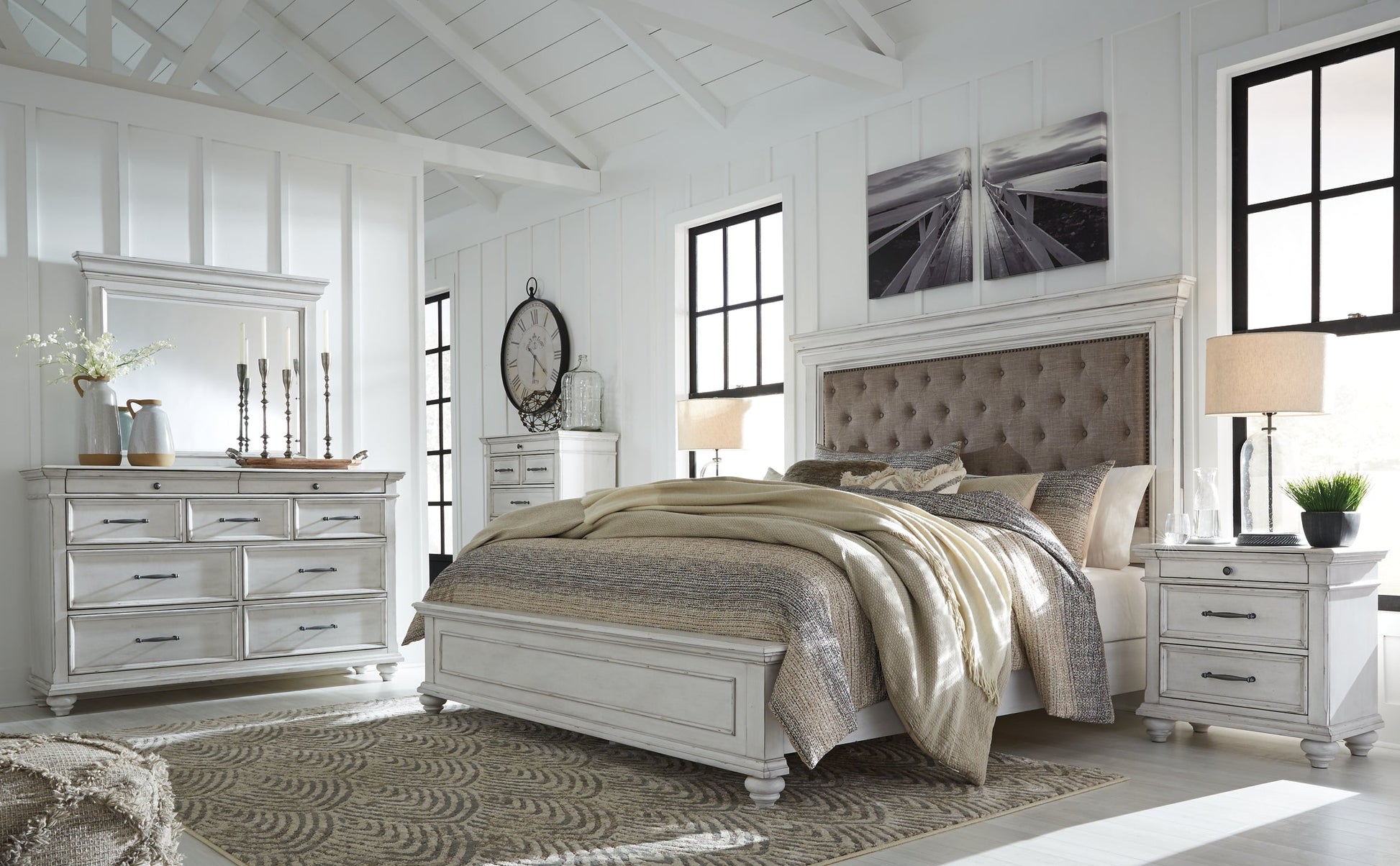 Kanwyn Queen Panel Bed with Mirrored Dresser and Chest Rent Wise Rent To Own Jacksonville, Florida