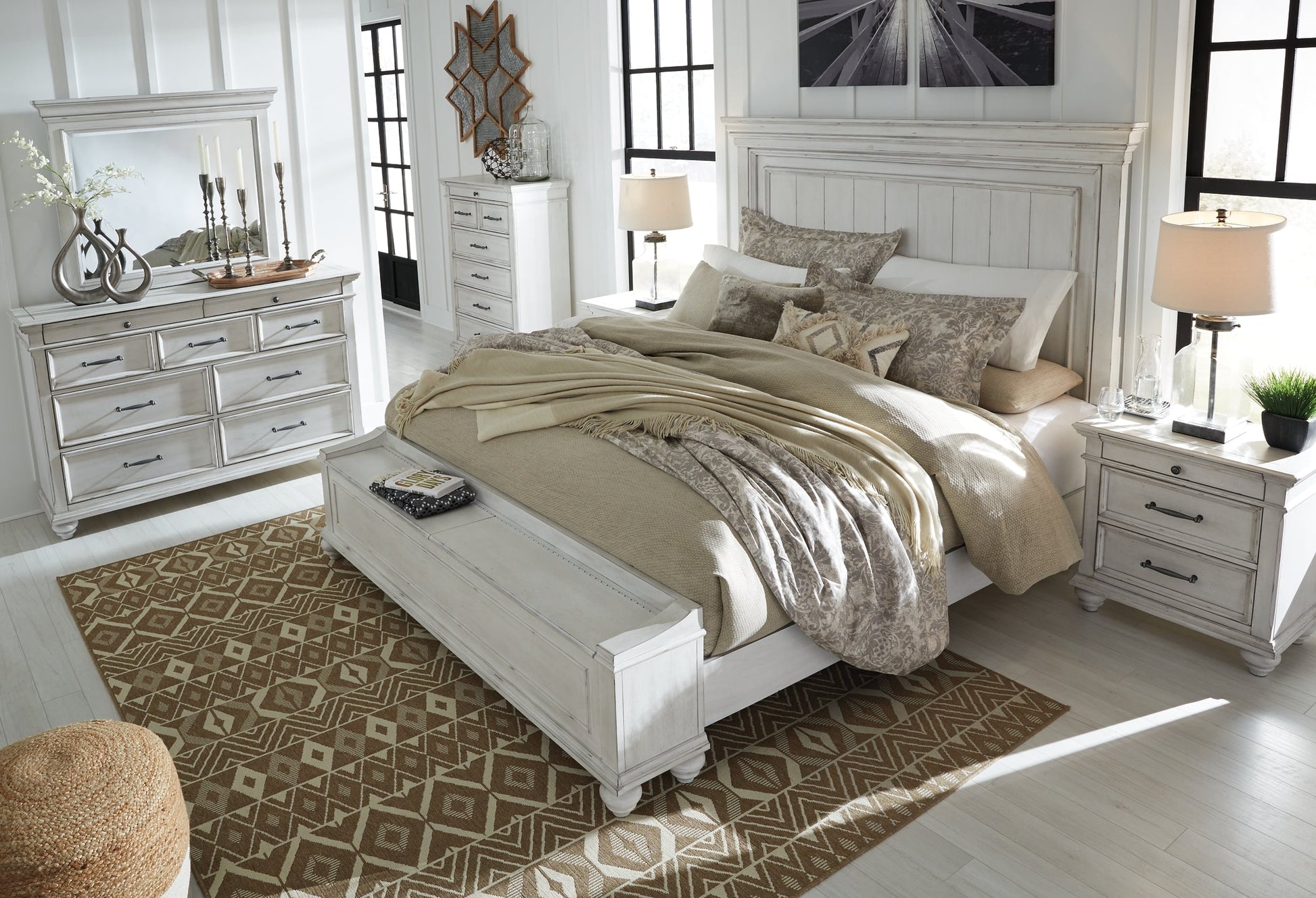 Kanwyn Queen Panel Bed with Storage with Mirrored Dresser, Chest and 2 Nightstands Rent Wise Rent To Own Jacksonville, Florida