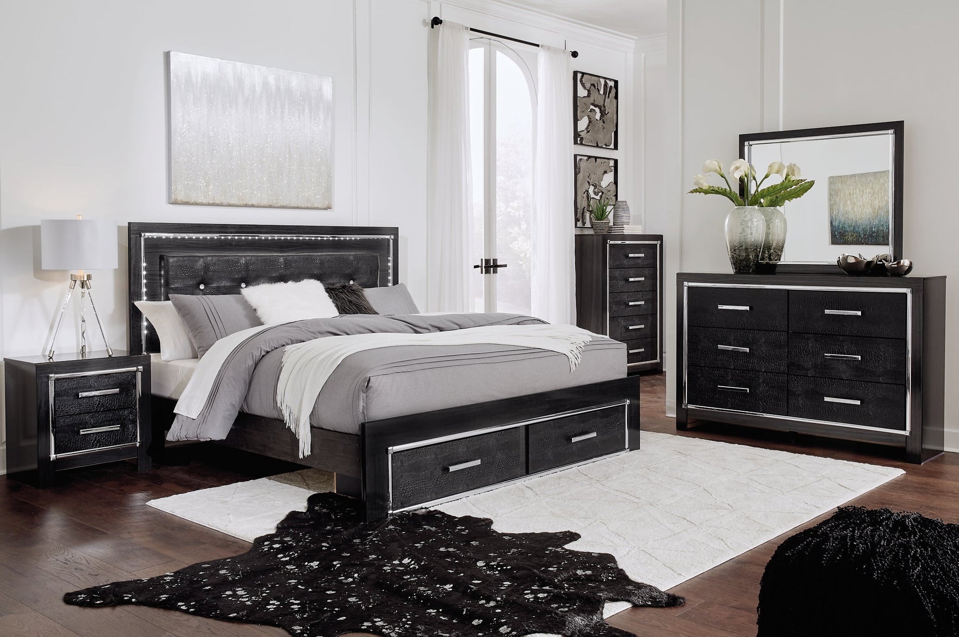 Kaydell King Panel Bed with Storage with Mirrored Dresser, Chest and Nightstand Rent Wise Rent To Own Jacksonville, Florida